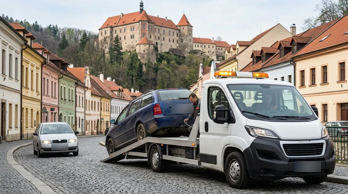 Odtahovka Peugeot Boxer nakládá staré tmavě modré kombi v Benešově nad Ploučnicí