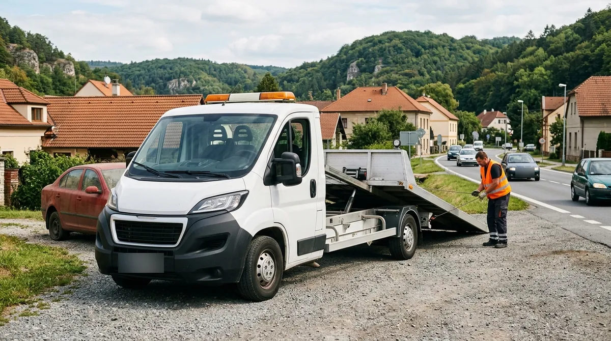 Odtahovka Peugeot Boxer nakládá starý červený autovrak na dvoře v Berouně, v pozadí zalesněné údolí Berounky