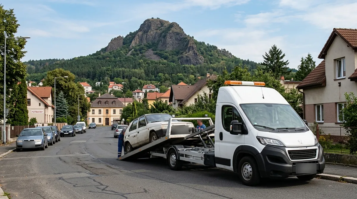 Odtahovka Peugeot Boxer nakládá starý bílý vůz v Bílině, v pozadí vrch Bořeň