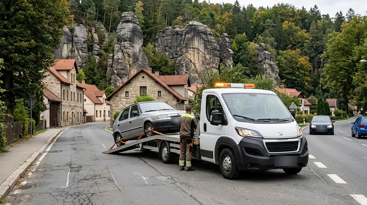 Odtahovka Peugeot Boxer nakládá starý stříbrný vůz v České Kamenici, v pozadí pískovcové skály