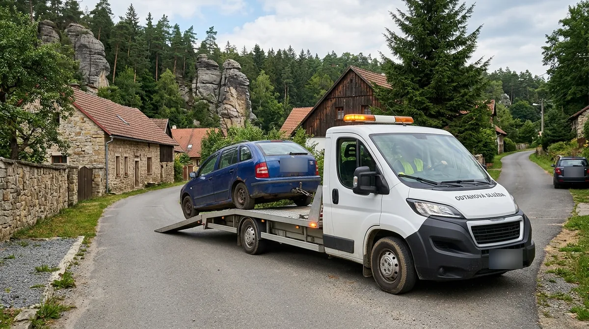Odtahovka Peugeot Boxer nakládá rezavé modré kombi v obci u České Lípy, v pozadí pískovcové skály