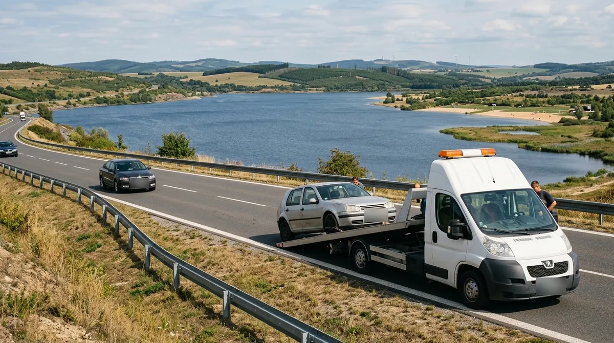 Odtahovka Peugeot Boxer nakládá starý stříbrný vůz u jezera Milada v Chabařovicích