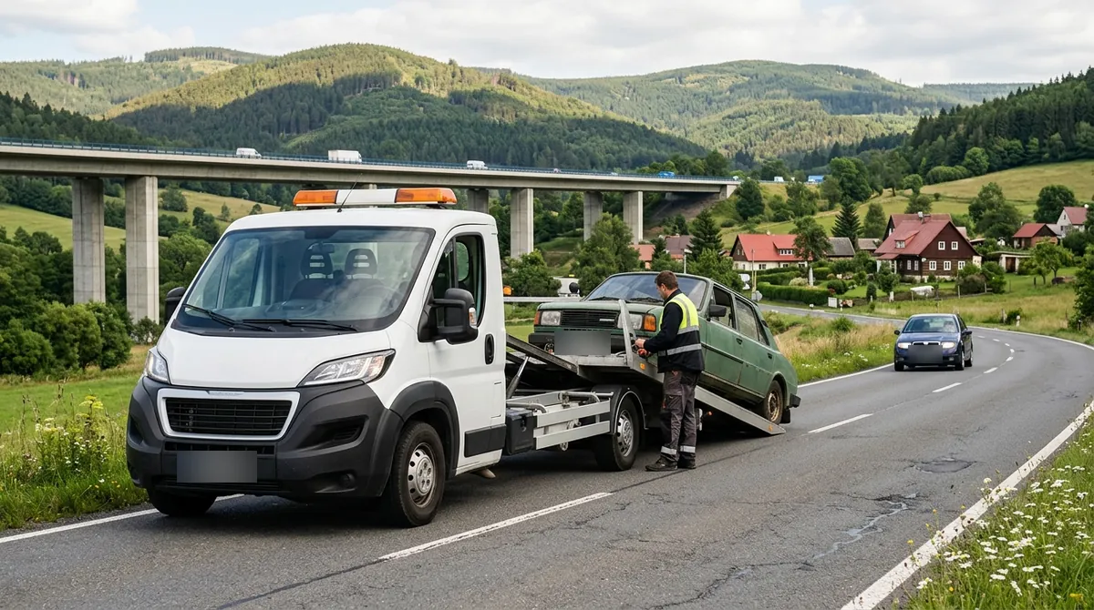 Odtahovka Peugeot Boxer nakládá starý zelený vůz v Chlumci, v pozadí dálnice D8 a Krušné hory