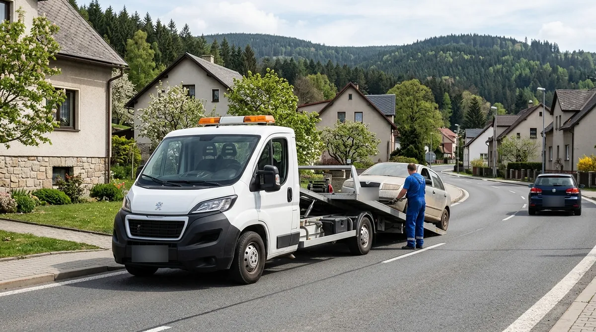 Odtahovka Peugeot Boxer nakládá starý stříbrný autovrak v ulici v Chomutově, v pozadí Krušné hory