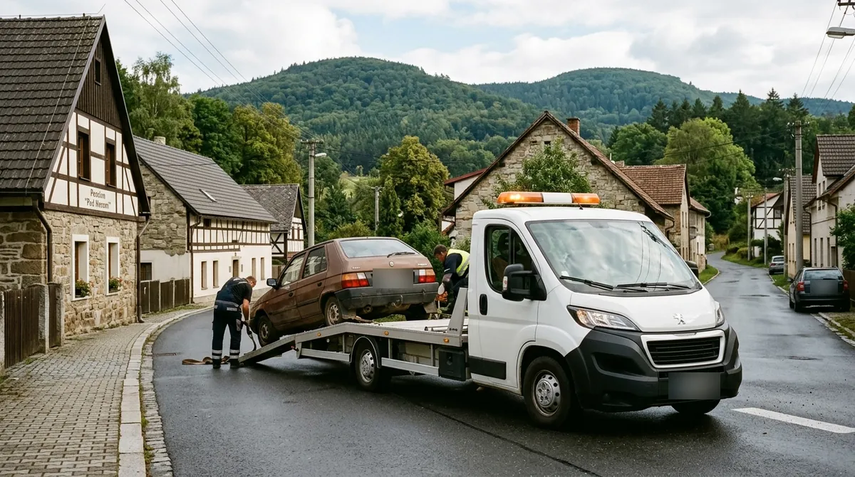 Odtahovka Peugeot Boxer nakládá starý hnědý vůz v ulici ve Cvikově pod Lužickými horami