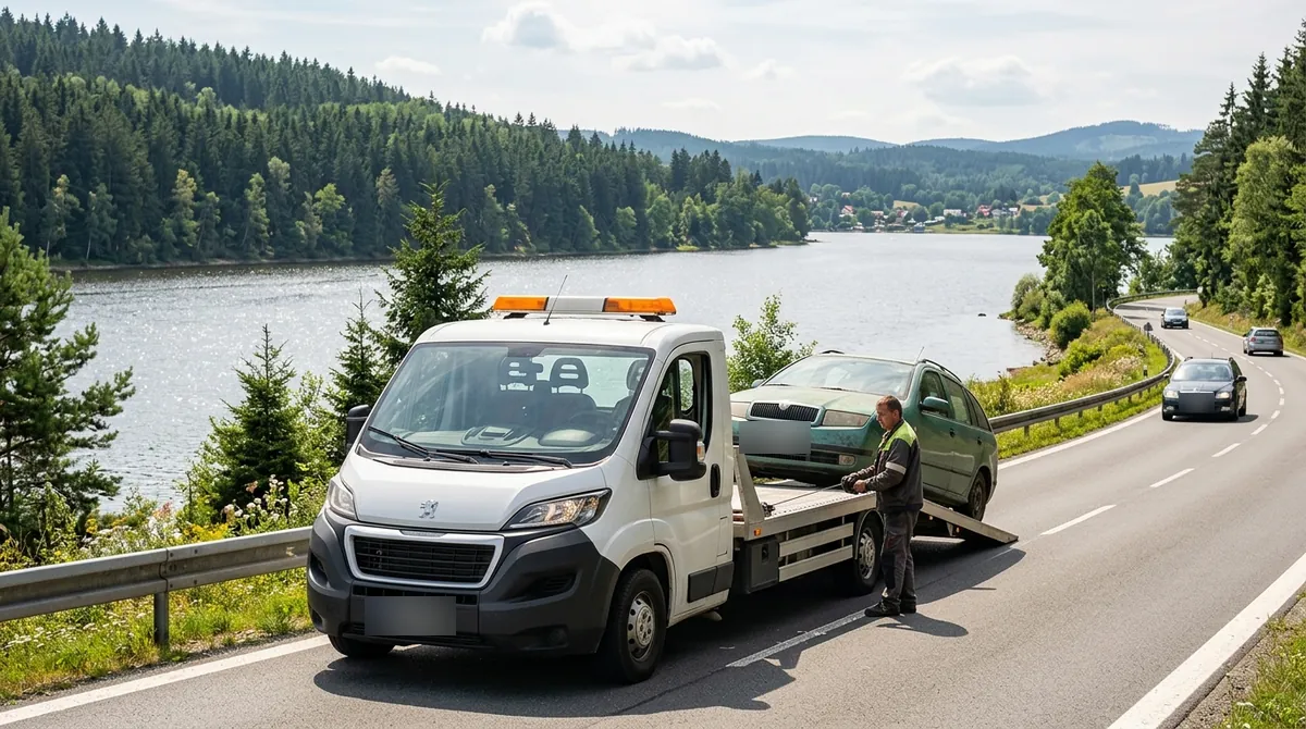Odtahovka Peugeot Boxer nakládá staré zelené kombi na silnici u Máchova jezera v Doksech