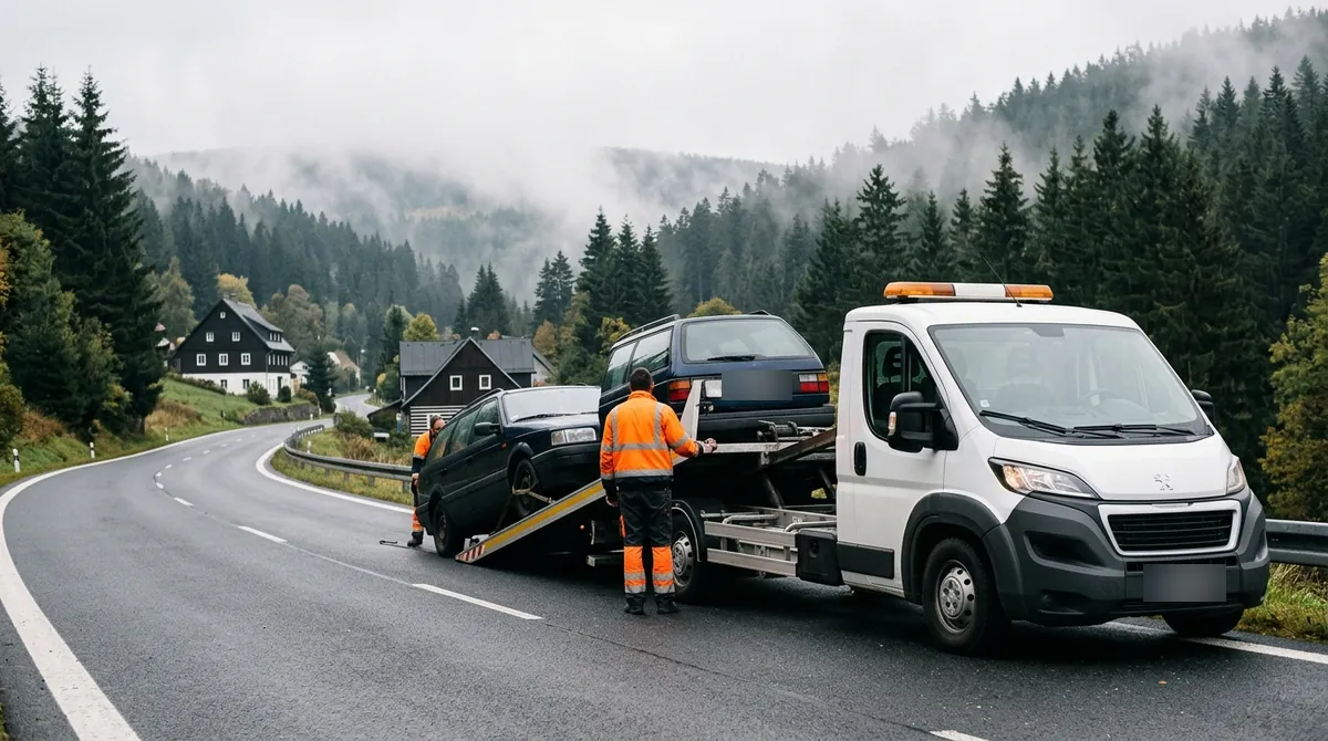 Odtahovka Peugeot Boxer nakládá staré tmavě modré kombi v Dubí v Krušných horách