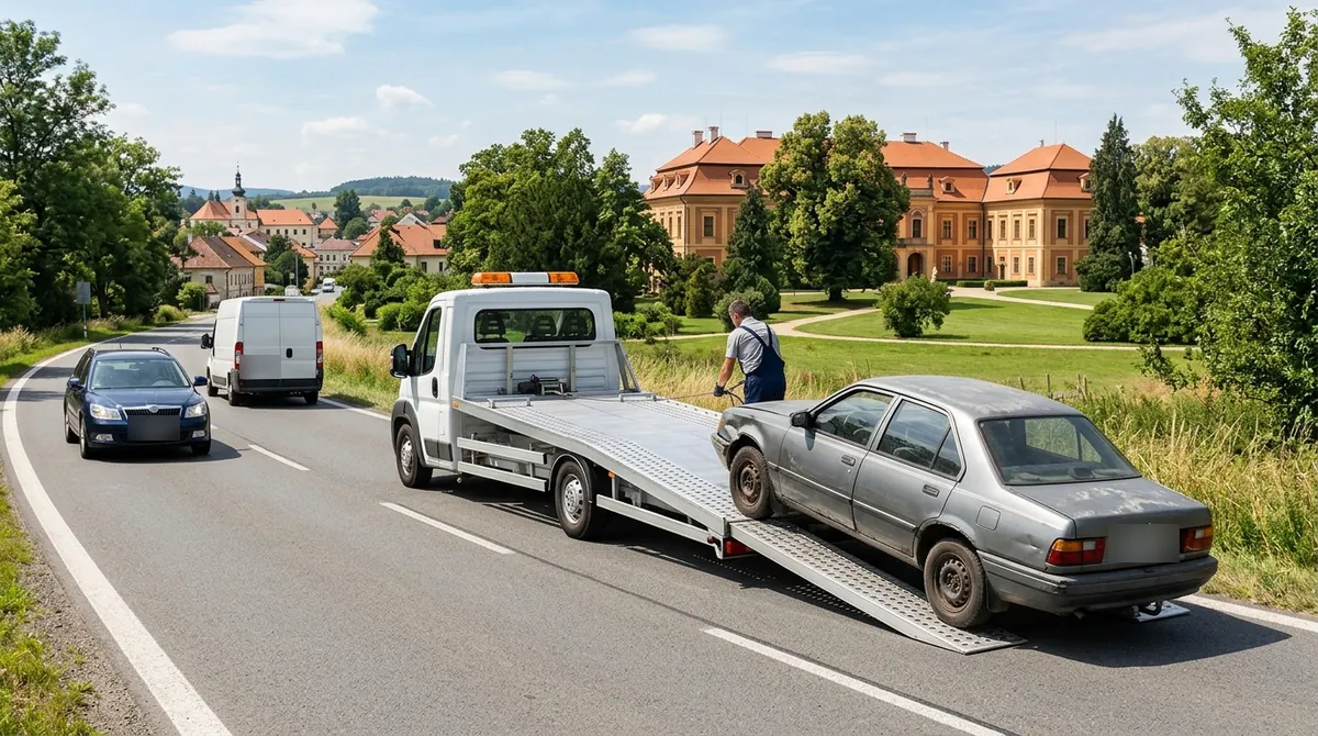 Odtahovka Peugeot Boxer nakládá starý šedý vůz v Duchcově u zámeckého parku