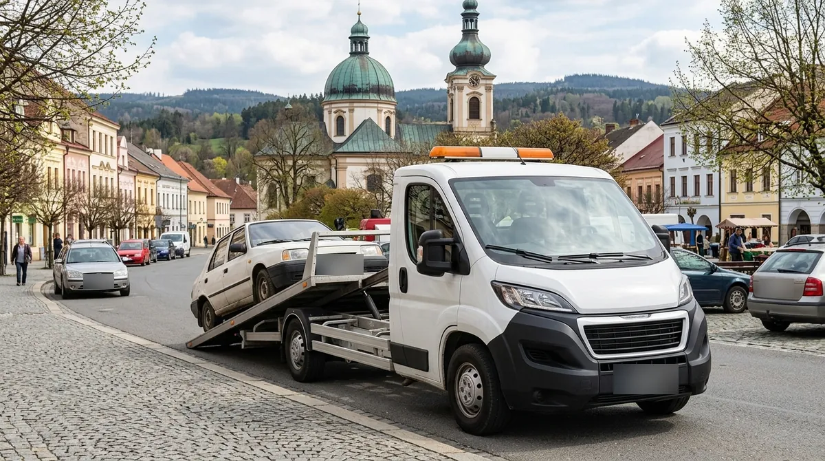 Odtahovka Peugeot Boxer nakládá starý bílý vůz na náměstí v Jablonném v Podještědí