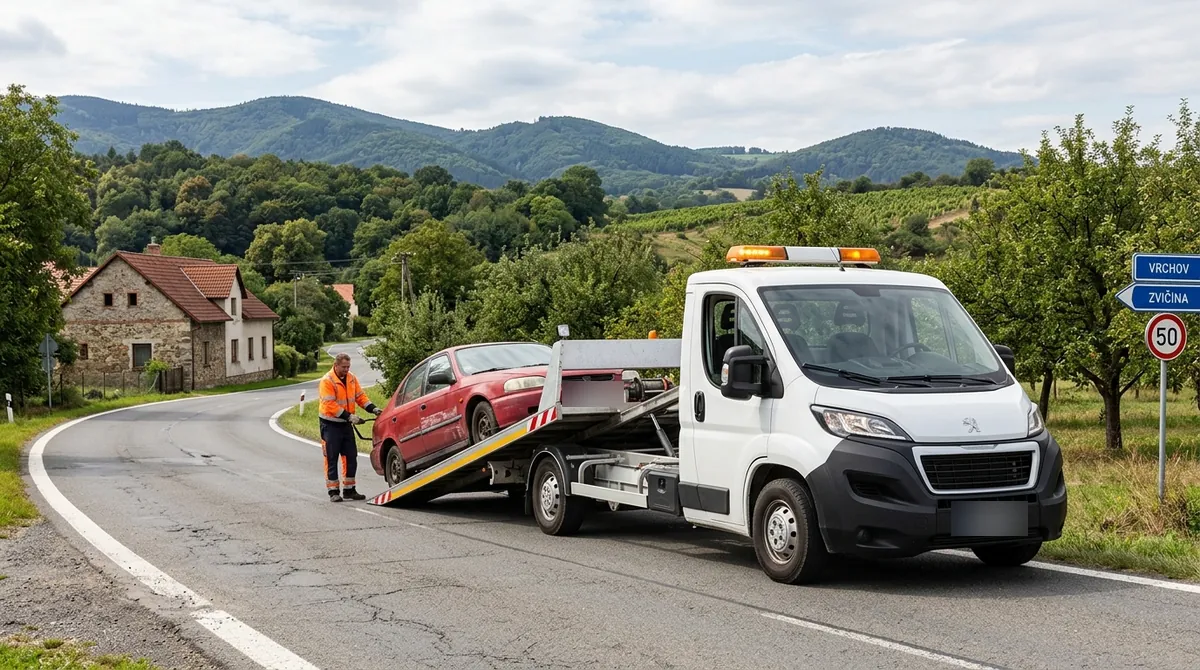Odtahovka Peugeot Boxer nakládá starý červený vůz v Jílovém u Děčína pod Krušnými horami