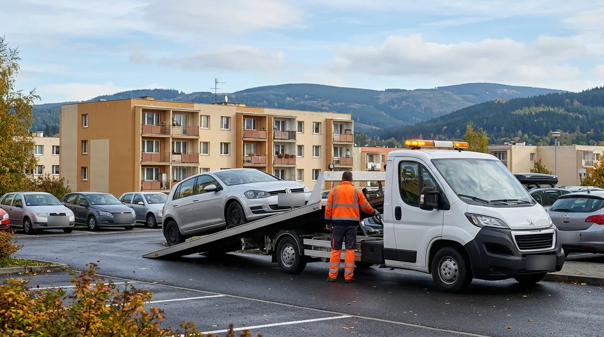 Odtahovka Peugeot Boxer nakládá stříbrný autovrak na sídlišti v Jirkově, v pozadí Krušné hory