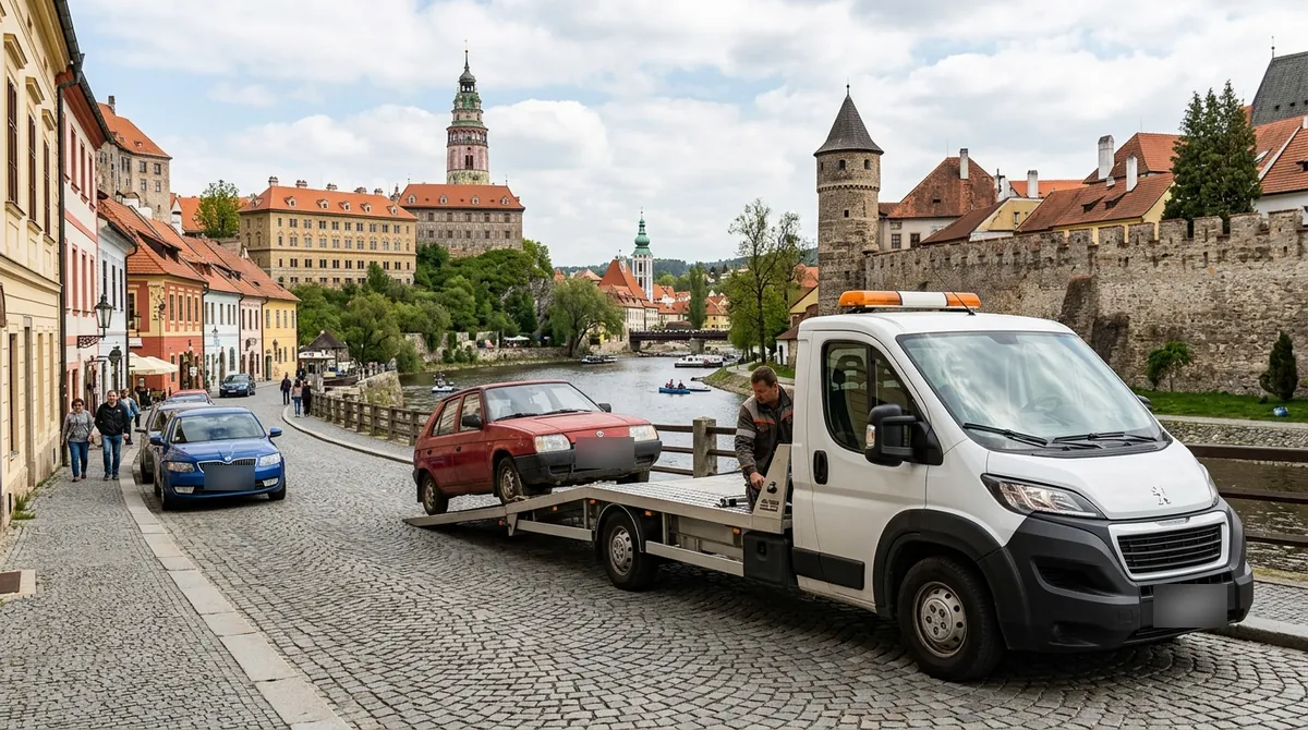 Odtahovka Peugeot Boxer nakládá starý červený vůz v historickém centru Kadaně nad Ohří