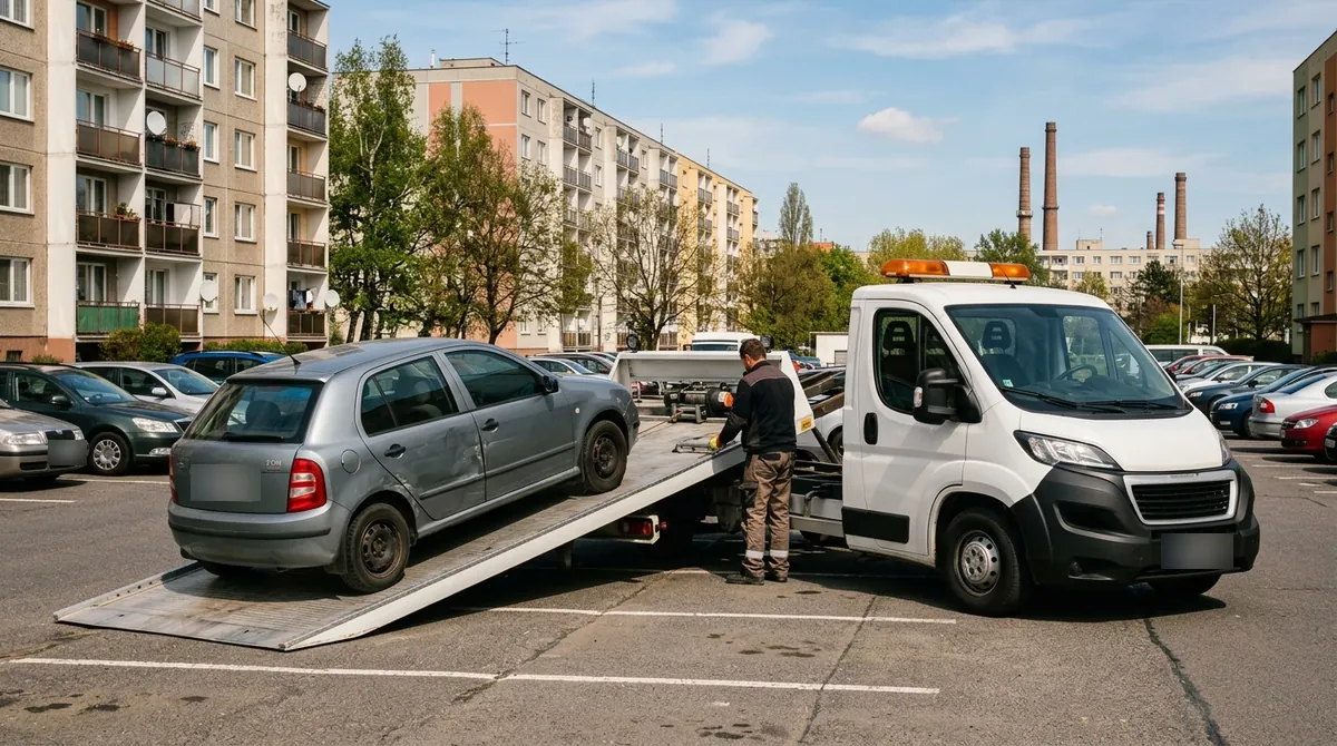 Odtahovka Peugeot Boxer nakládá šedý autovrak na parkovišti sídliště v Kladně, v pozadí tovární komíny