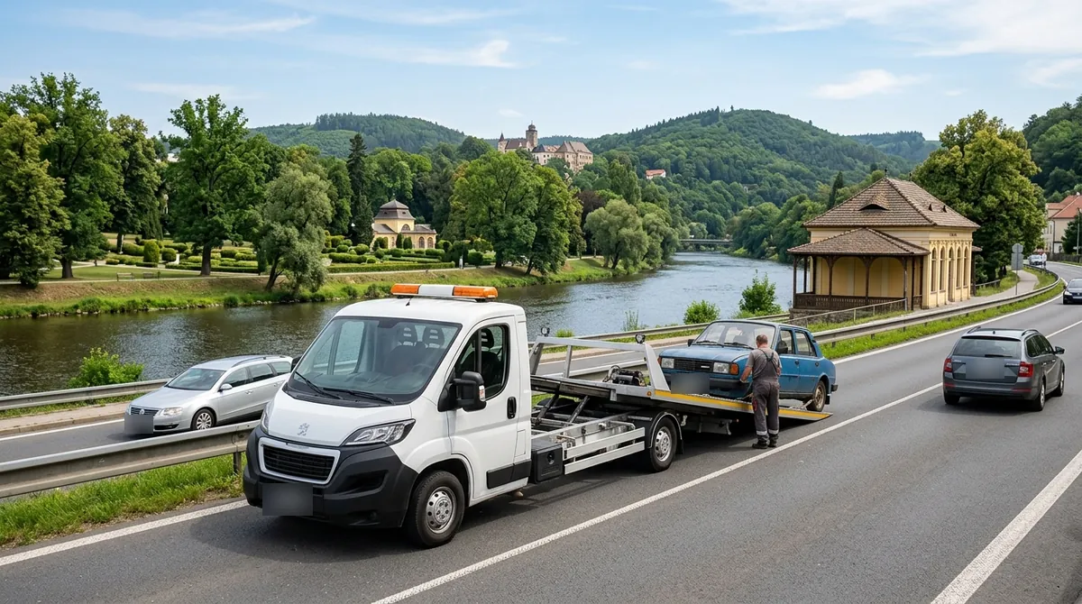 Odtahovka Peugeot Boxer nakládá starý modrý vůz u řeky Ohře v Klášterci nad Ohří