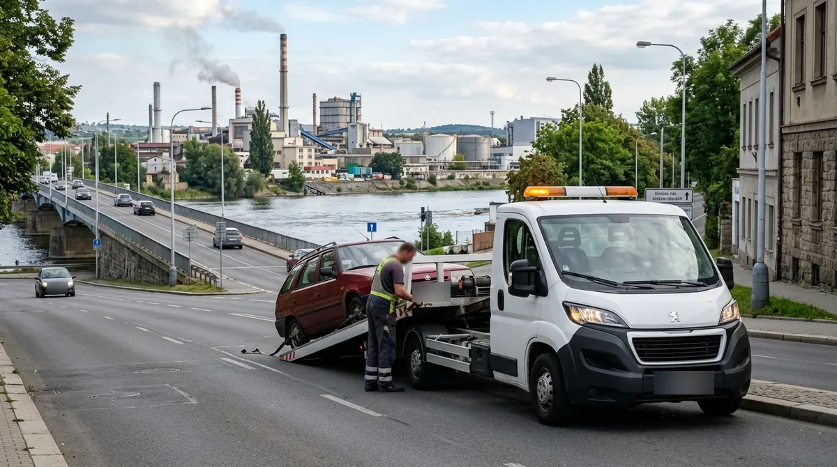 Odtahovka Peugeot Boxer nakládá staré tmavě červené kombi v Kralupech nad Vltavou