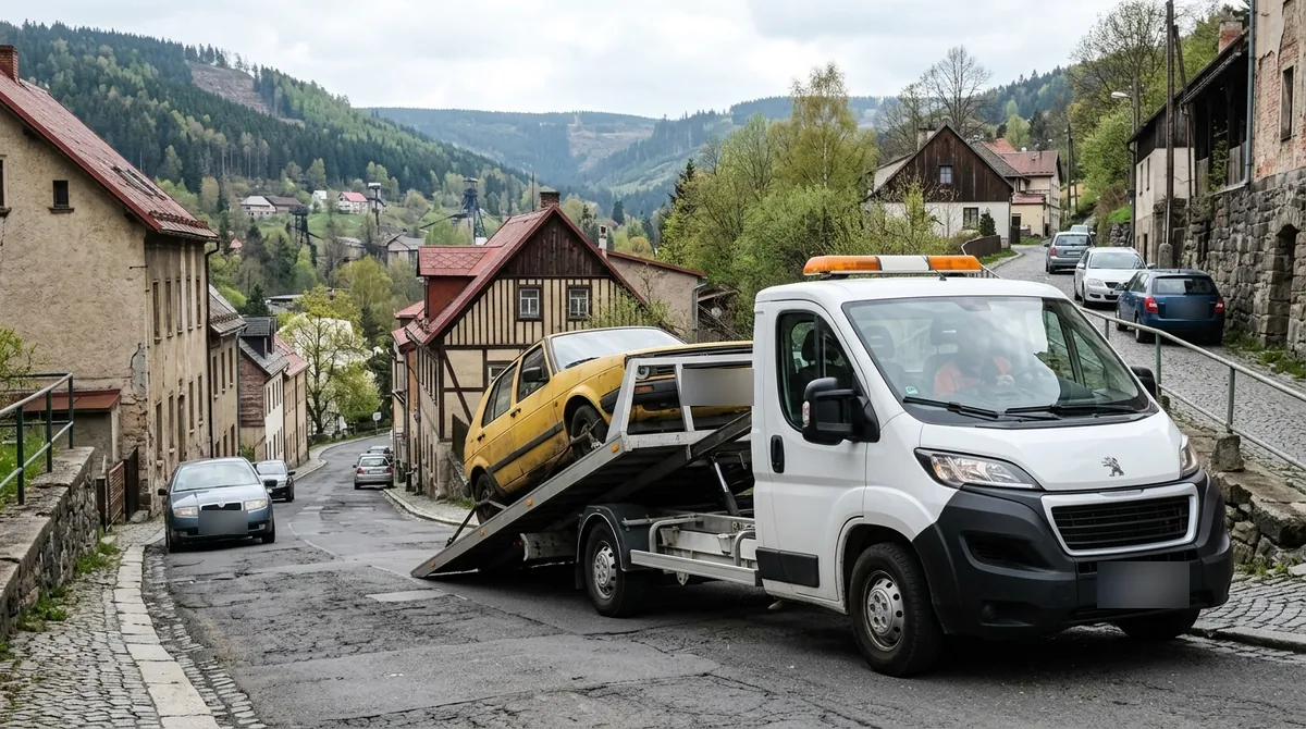 Odtahovka Peugeot Boxer nakládá starý žlutý vůz ve svahové ulici v Krupce