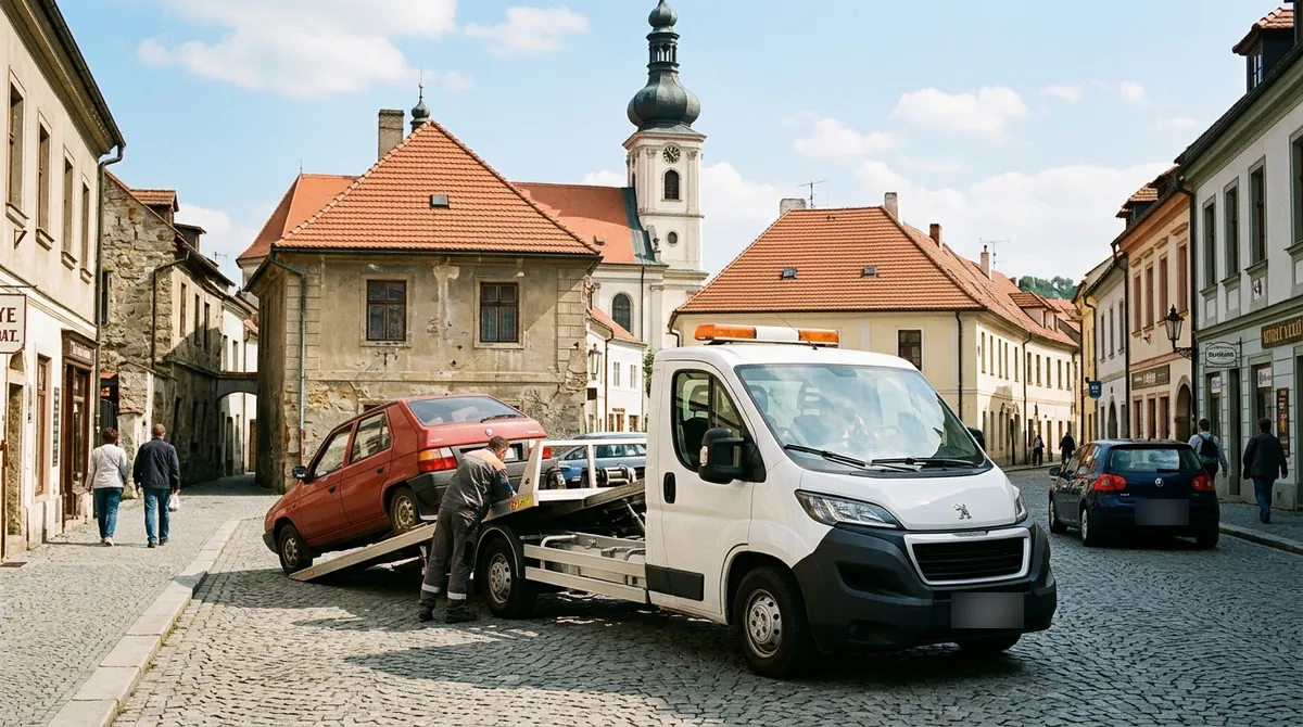Odtahovka Peugeot Boxer nakládá malý červený autovrak na dvoře v historickém centru Litoměřic