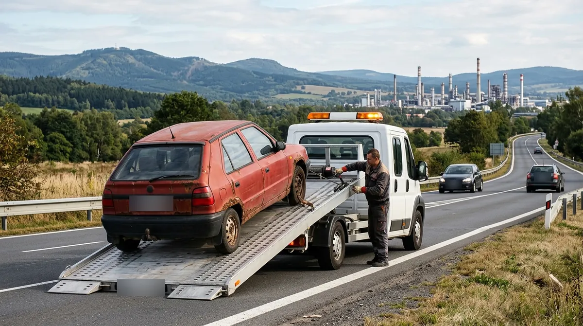 Odtahovka Peugeot Boxer nakládá rezavý červený vůz v Litvínově pod Krušnými horami