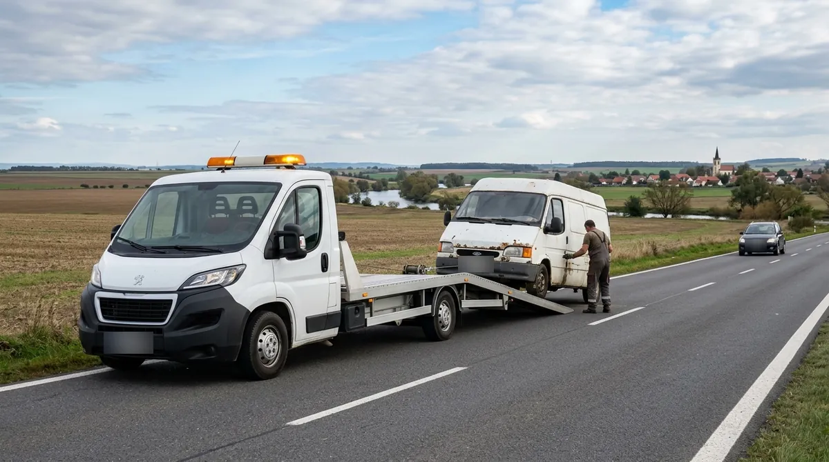 Odtahovka Peugeot Boxer nakládá starou bílou dodávku k ekologické likvidaci na silnici mezi poli u Loun