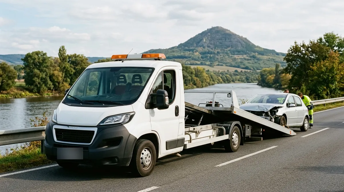 Odtahovka Peugeot Boxer nakládá havarovaný stříbrný vůz u Labe v Lovosicích, v pozadí Lovoš