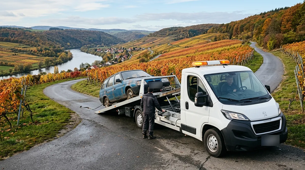 Odtahovka Peugeot Boxer nakládá staré modré kombi na cestě mezi vinicemi u Mělníka