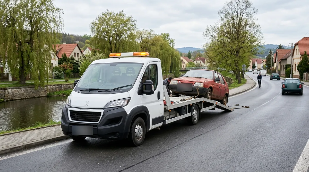 Odtahovka Peugeot Boxer nakládá rezavý červený vůz u řeky Ploučnice v Mimoni