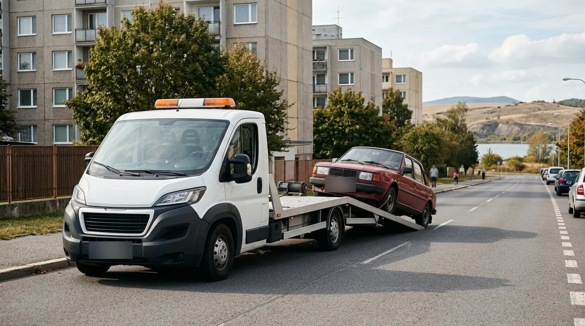 Odtahovka Peugeot Boxer nakládá starý tmavě červený vůz na sídlišti v Mostě, v pozadí jezero po těžbě