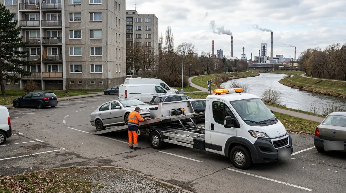 Odtahovka Peugeot Boxer nakládá starý stříbrný vůz na parkovišti v Neratovicích