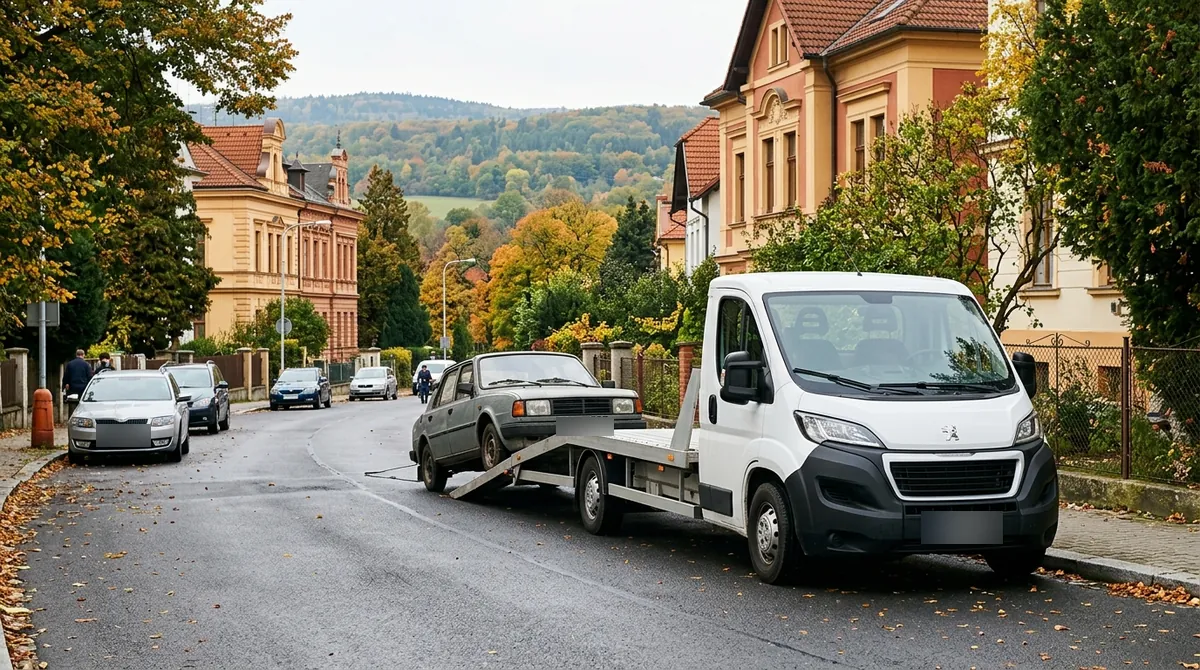 Odtahovka Peugeot Boxer nakládá starý šedý vůz v ulici v Novém Boru