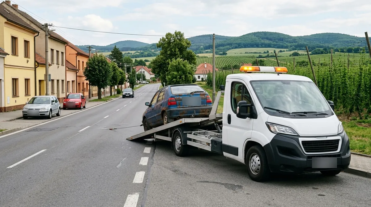 Odtahovka Peugeot Boxer nakládá rezavý modrý vůz v Podbořanech, v pozadí chmelnice