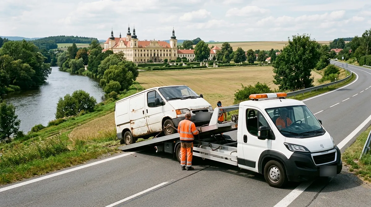Odtahovka Peugeot Boxer nakládá starou bílou dodávku u řeky Ohře v Postoloprtech