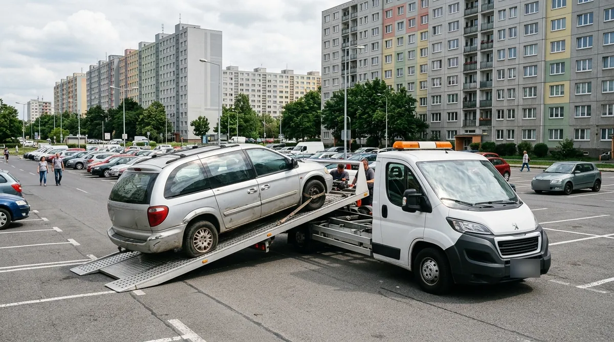 Odtahovka Peugeot Boxer nakládá starý stříbrný vůz s prázdnou pneumatikou na parkovišti pražského sídliště