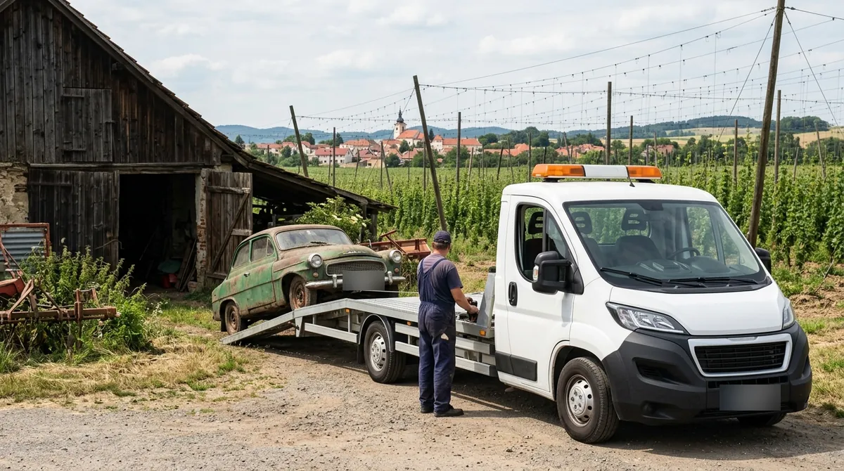 Odtahovka Peugeot Boxer vyprošťuje rezavý autovrak ze stodoly na Rakovnicku, v pozadí chmelnice