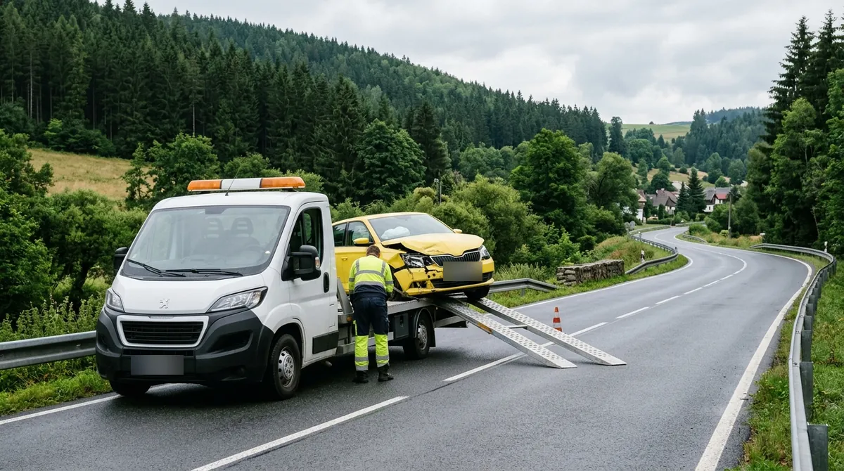 Odtahovka Peugeot Boxer nakládá havarovaný žlutý vůz na silnici mezi lesy u Rokycan