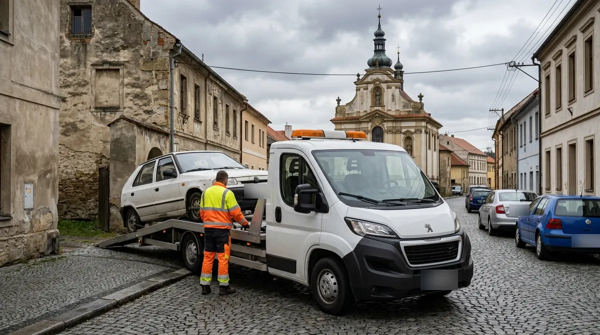 Odtahovka Peugeot Boxer nakládá starý bílý vůz v ulici v Rumburku