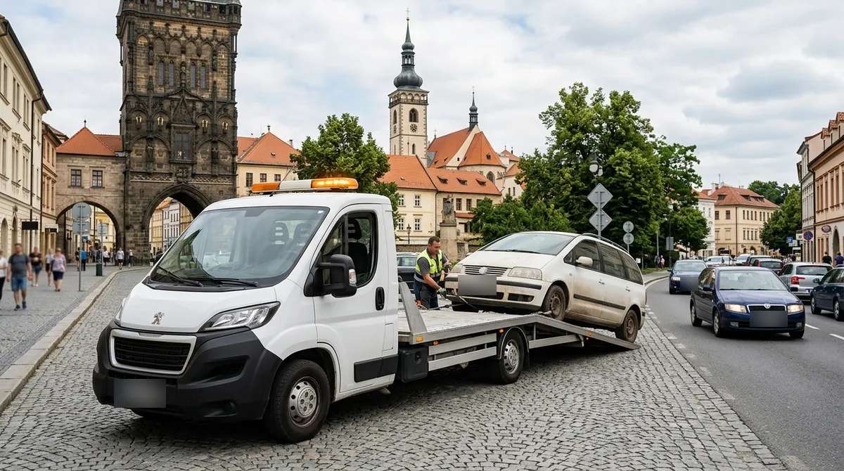 Odtahovka Peugeot Boxer nakládá starý bílý vůz ve Slaném, v pozadí věž kostela