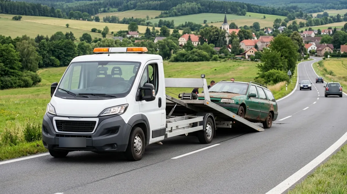 Odtahovka Peugeot Boxer nakládá rezavé zelené kombi na silnici u Šluknova