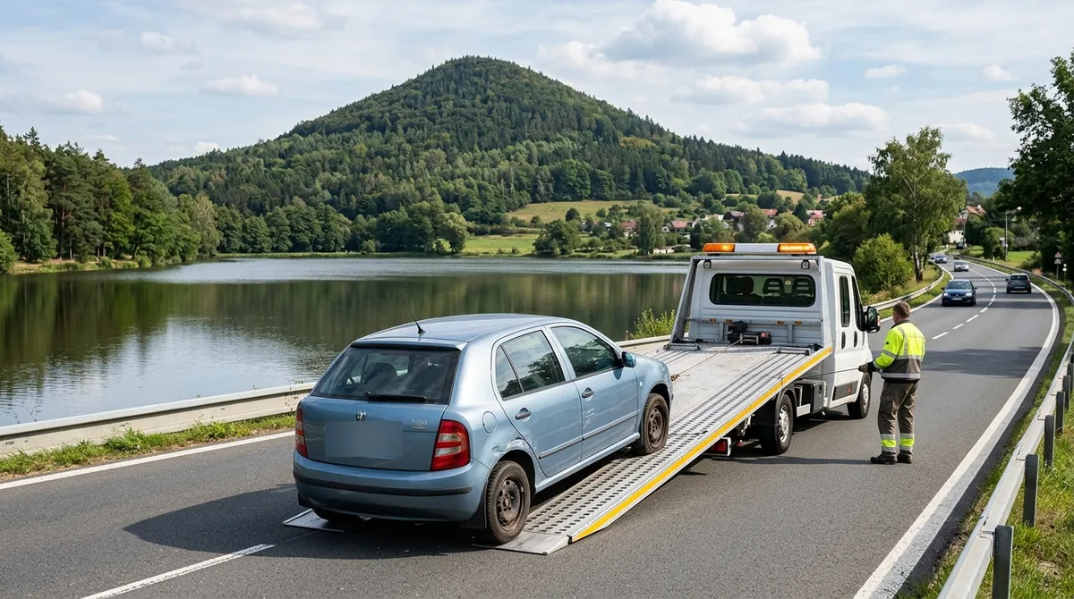 Odtahovka Peugeot Boxer nakládá modrý autovrak u rybníka ve Stráži pod Ralskem, v pozadí vrch Ralsko