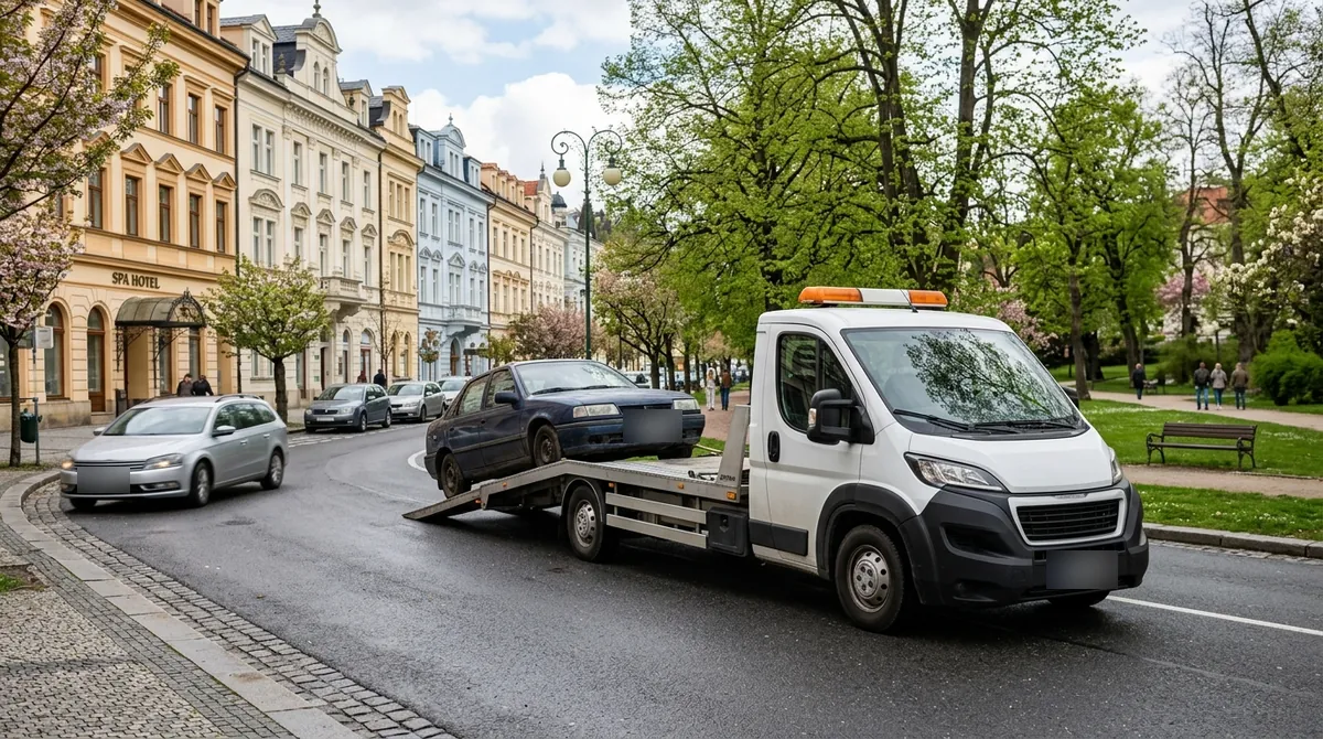 Odtahovka Peugeot Boxer nakládá starý tmavě modrý vůz v lázeňské ulici v Teplicích