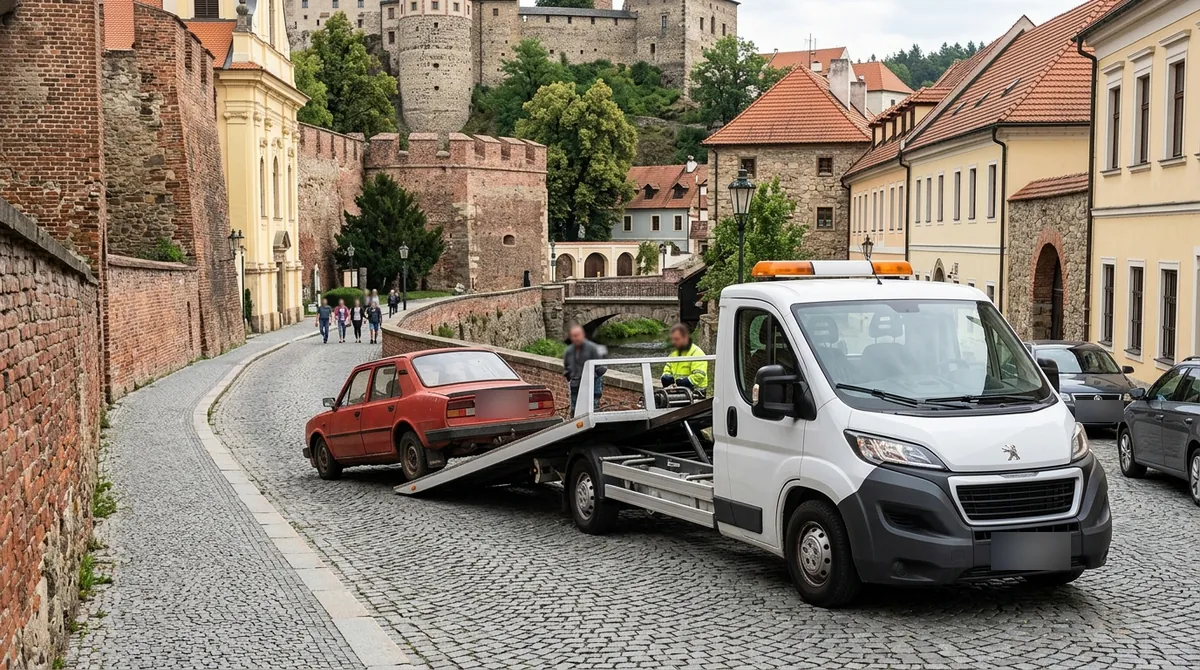 Odtahovka Peugeot Boxer nakládá starý červený vůz v Terezíně u pevnostních hradeb