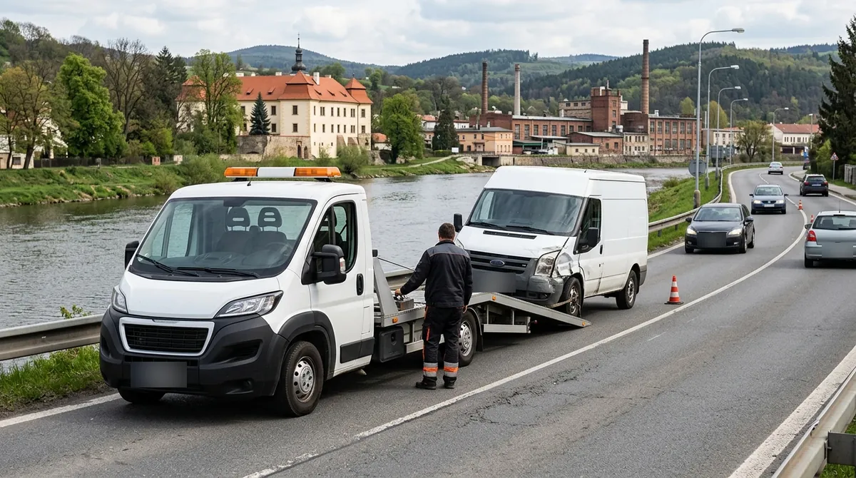 Odtahovka Peugeot Boxer nakládá starou bílou dodávku v Trmicích u Ústí nad Labem