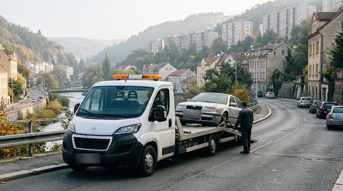 Odtahovka Peugeot Boxer nakládá stříbrný autovrak v ulici nad Labem v Ústí nad Labem, v pozadí sídliště na svahu