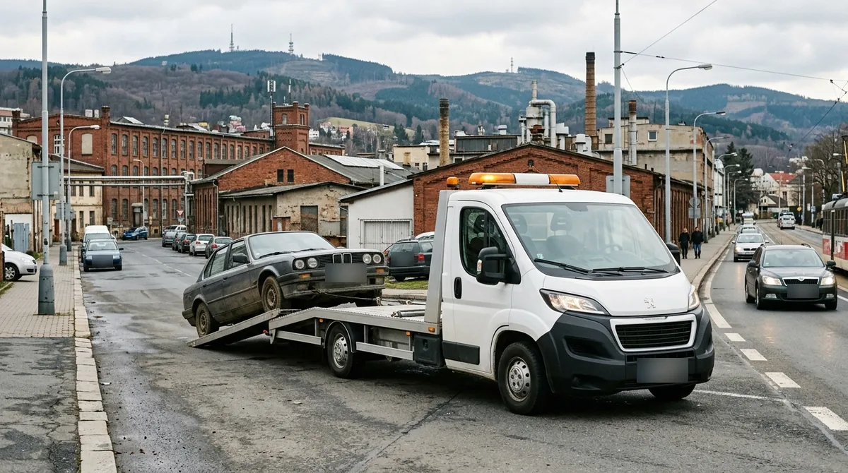 Odtahovka Peugeot Boxer nakládá starý tmavě šedý vůz v ulici ve Varnsdorfu