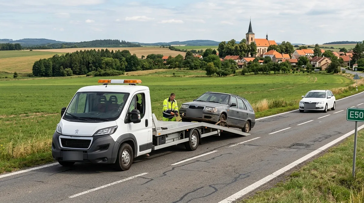 Odtahovka Peugeot Boxer nakládá staré šedé kombi na silnici u Velvar