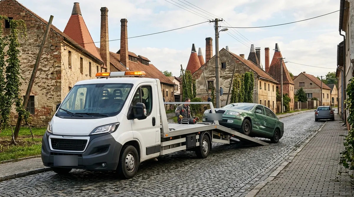 Odtahovka Peugeot Boxer nakládá starý zelený vůz v Žatci, v pozadí chmelařské komíny